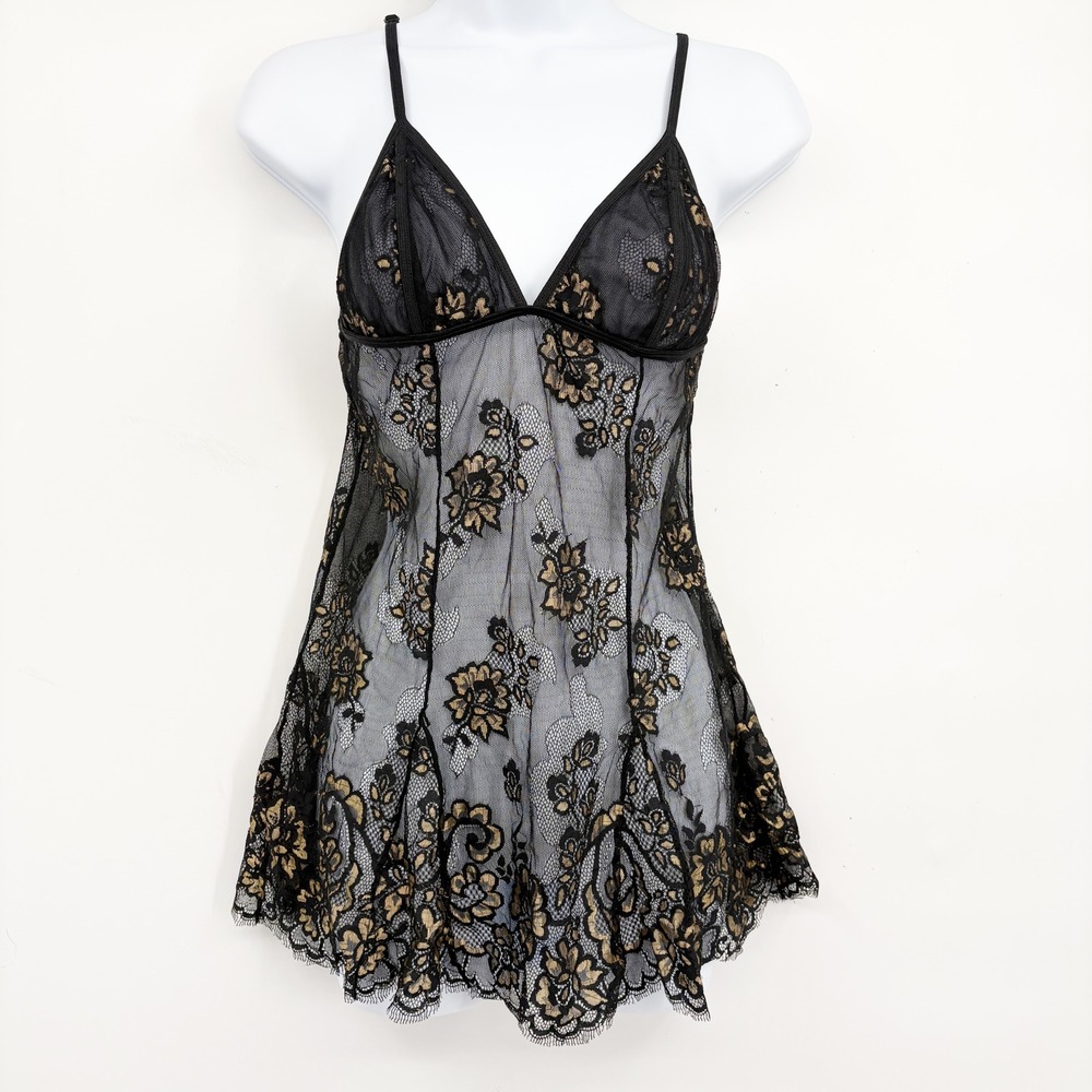 Fredericks of Hollywood Womens Black Gold Floral Lace Whimsigoth Babydoll Slip M
